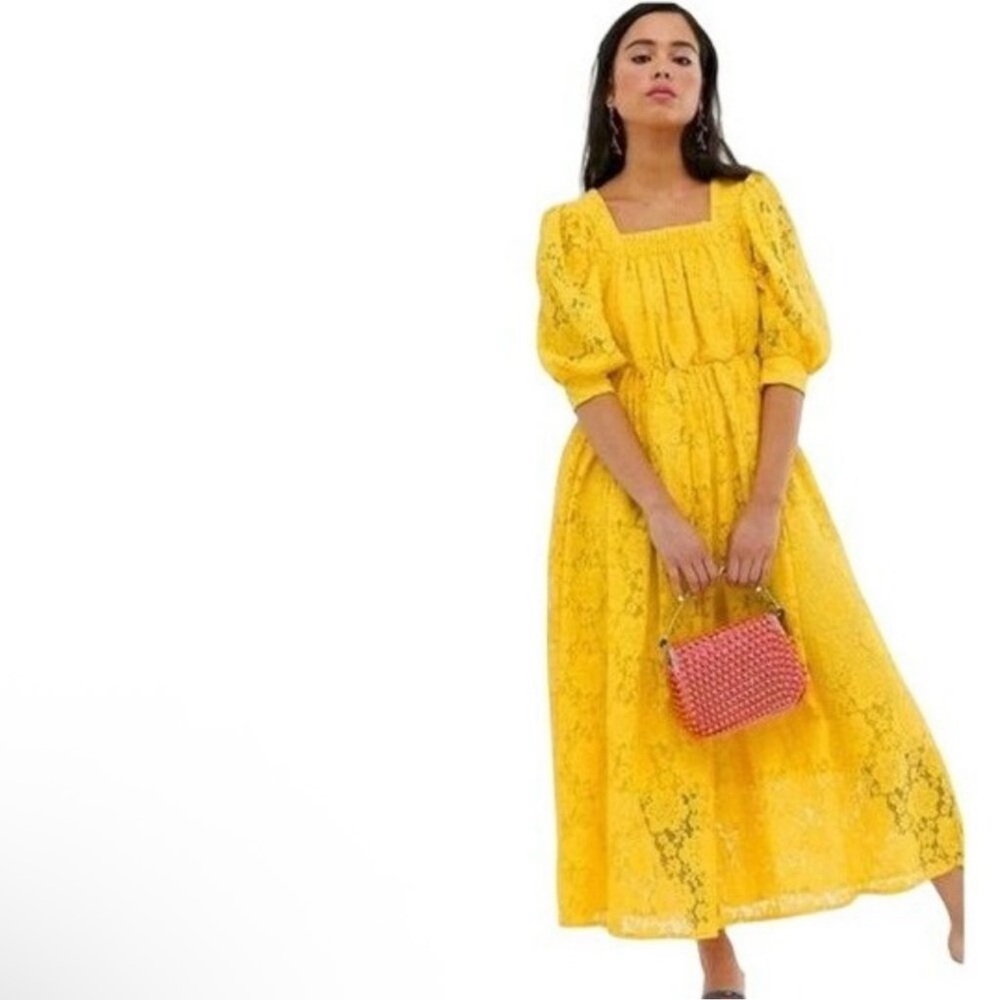 Sister Jane Burning Bright Lace Puff Sleeve Midi Yellow Cotton Dress Sz M